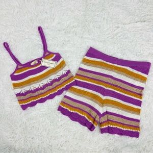 NWT NO COMMENT striped two piece knit cotton cropped top & high waisted shorts L